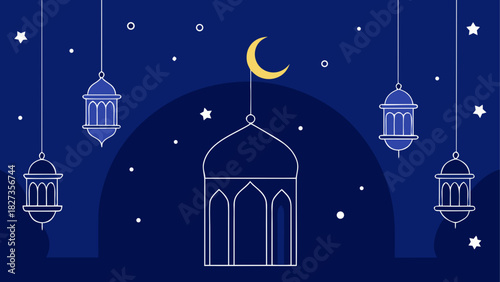 Illustration of a mosque with a crescent moon and hanging lanterns in a night sky scene design