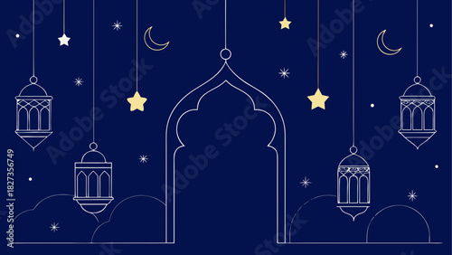 Illustration of ramadan kareem with lanterns, stars, crescent moons and an archway on a dark blue background
