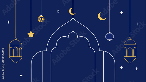 Elegant islamic design with mosque archway, crescent moons, and hanging lanterns on a dark blue background