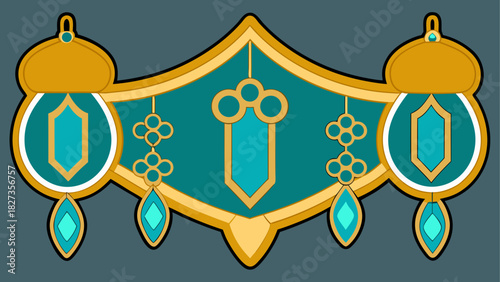 Ornate teal and gold emblem with hanging pendants and floral accents in a symmetrical design