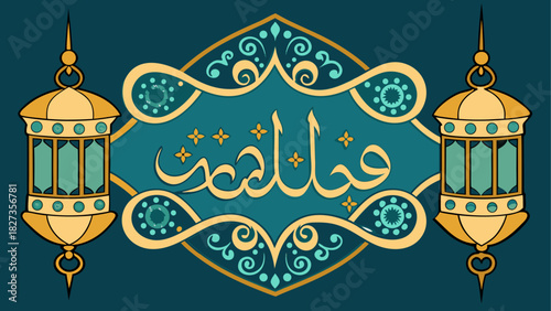 Illustration featuring arabic script with lanterns and decorative elements in teal and gold colors