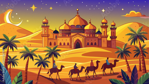 Illustration of a desert landscape with camels, palm trees, and a golden palace at twilight
