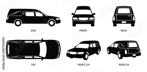 Hearse car black silhouette, funeral vehicle in side, front, back, top, front 3/4, and rear 3/4 views