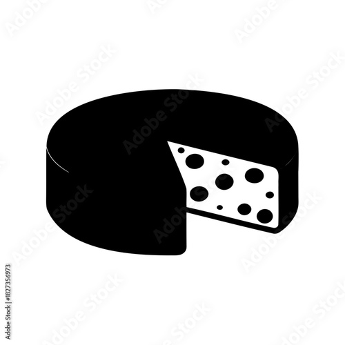 Black and white graphic of cheese wheel with slice removed showing holes