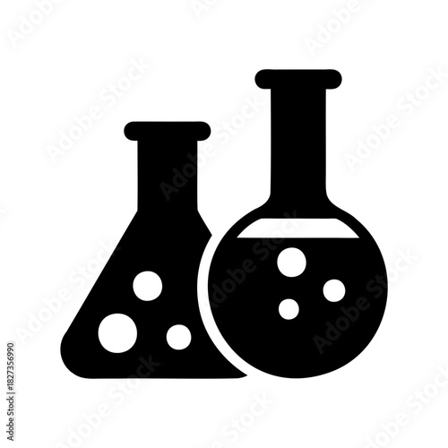 Two laboratory flasks with liquid and bubbles, science and research concept
