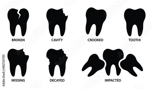 Human teeth problems black silhouette icons. Broken cavity crooked missing decayed impacted tooth health concepts.
