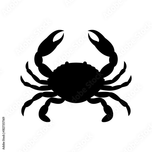 A bold black silhouette of a crab standing sideways to the viewer