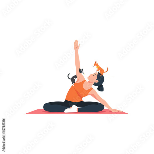 ''A playful cartoon woman practicing yoga on a pink mat with two cats perched on her back, creating a whimsical and humorous sc...