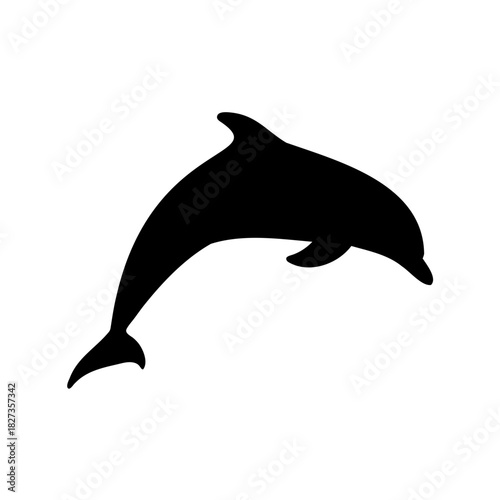 Striking black silhouette of a dolphin leaping against a white background image