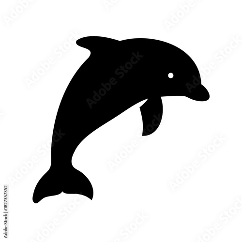 Black and white silhouette drawing of a dolphin jumping out of water