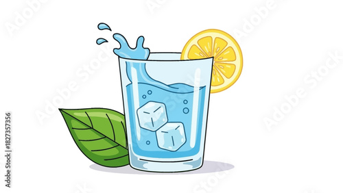 Refreshing glass of water with ice and lemon slice, healthy beverage with fresh green leaf