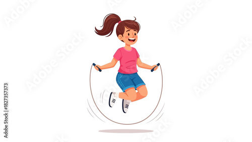 Happy little girl enjoying active play with a jump rope, illustrating healthy childhood exercise and fitness, perfect for promoting children's health