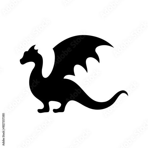 Black silhouette of a dragon with wings on a white background