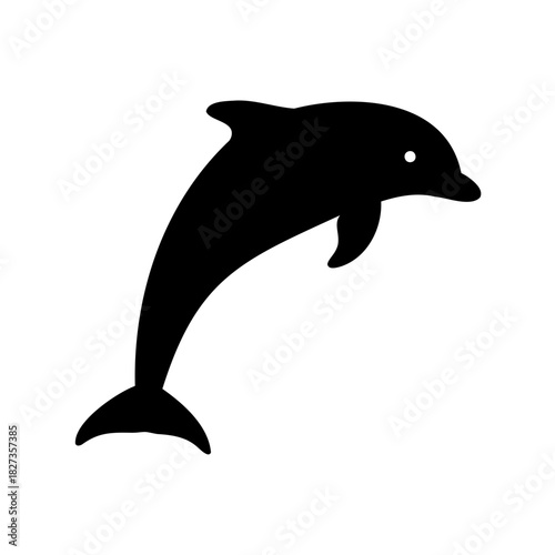 Silhouette illustration of a dolphin leaping out of the water against white backdrop