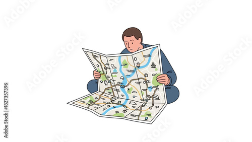 Person intently studying a large folded map, seeking directions and planning an urban adventure or plotting a course for an exciting journey