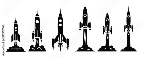 Rocket launch icons collection. Spaceship taking off. Flying missile silhouette. Space exploration symbol.