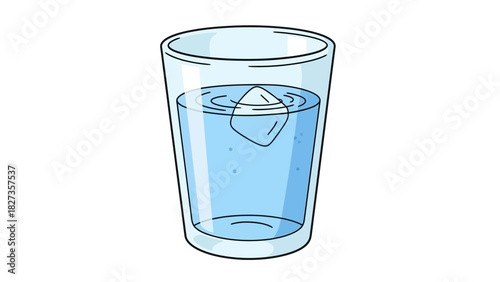 Cartoon vector illustration of a glass of fresh cold water with an ice cube isolated on a white background