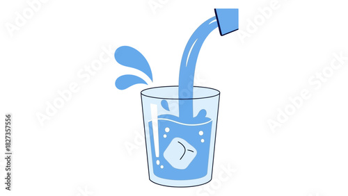 Refreshing Blue Water Poured into a Glass with Melting Ice Cube and Splashes, Simple Flat Style Vector Illustration for Hydration and Healthy Lifestyle