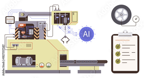 Factory-grade machine with AI module, robotic arm, conveyor belt, tire quality checklist. Ideal for automation, technology, AI integration robotics manufacturing industry 4.0 efficiency. A simple
