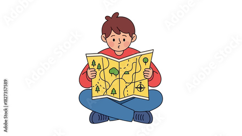 Curious young boy sitting cross-legged on the floor studying a large adventure map for a journey
