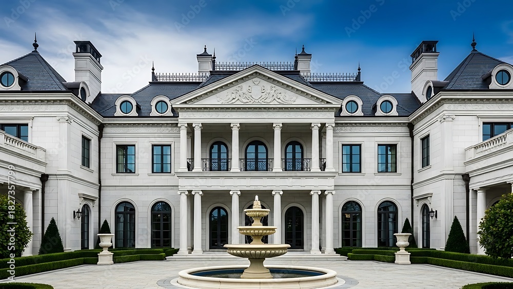Fototapeta premium Exterior facade of a luxurious white mansion with classical architecture, a grand columned portico, and an elegant fountain in the driveway