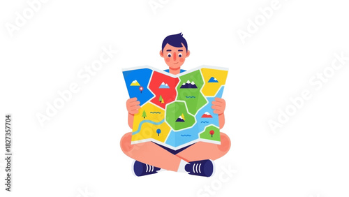 Person Studying Colorful Map, Cartoon Illustration for Travel, Adventure and Exploration Concepts