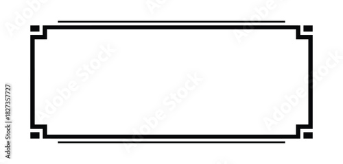 Black border frame with decorative corners isolated on white. Simple rectangular element. Elegant design.