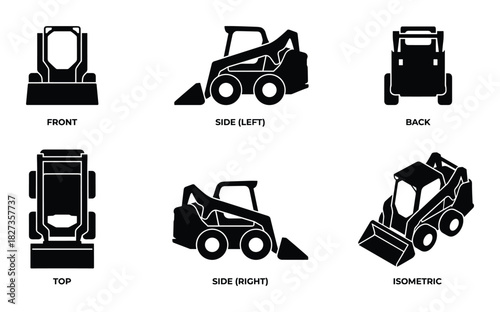 Skid steer loader flat icon collection showing front, back, side, top, and isometric views of machinery.