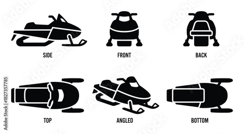 Snowmobile flat icon collection displaying side, front, back, top, angled, and bottom views of vehicle.