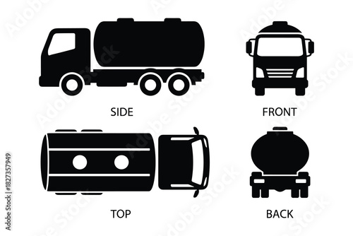 Tanker truck views set. Side front top and back. Industrial vehicle symbol.