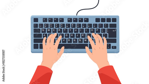Typing on a keyboard with a white background, top-down view of hands on a computer keyboard