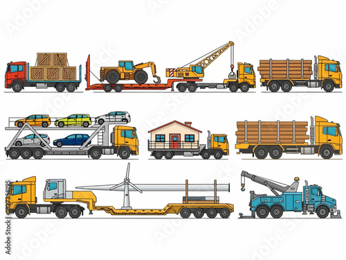 A collection of nine illustrations depicting various heavyduty trucks and specialized transport vehicles