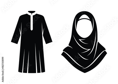Silhouette of traditional arab thobe for men and women's hijab headscarf. Middle eastern clothing, black and white.