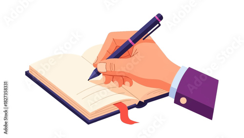 Professional hand in a suit sleeve writing notes in a planner or diary, conceptual illustration for business strategy and education