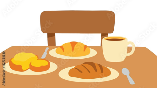 Cozy morning breakfast scene featuring freshly baked golden croissants, delightful pastries, and a warm cup of coffee arranged on an inviting wooden table