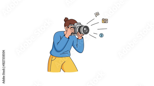 Vector illustration of a female photographer with a professional camera, capturing a moment. A concept for creative hobbies and professions