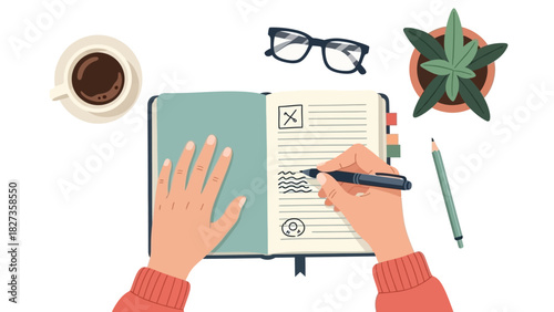 Hands writing in a journal with coffee, glasses, and a plant on a desk, illustrating a focused and productive work environment