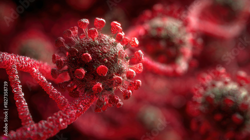 Detailed Microscopic Rendering of Coronavirus with DNA Strand in Red Tones, Illustrating Viral Infection and Genetic Interaction, Suitable for Medical and Scientific Visualizations