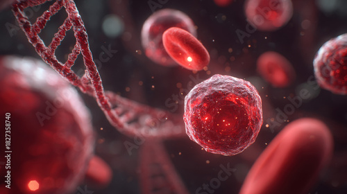 Detailed Microscopic View of Red Blood Cells and DNA Strand, Illustrating Medical Research, Scientific Study, and Biological Processes, Emphasizing Cellular Structures and Genetic Material in a