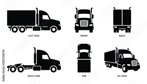 Semi-trailer truck vector set showing left right side front back top and 3/4 views