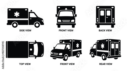 Ambulance vector set showing side front back top and 3/4 views for emergency services
