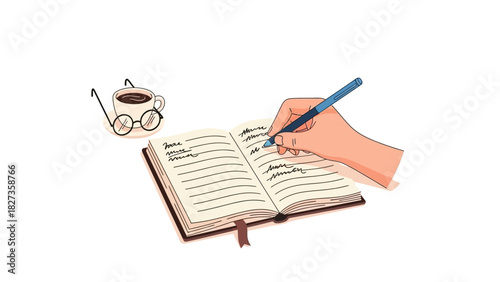 Creative writing and journaling with a hot cup of coffee and glasses on a white background