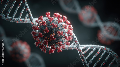 Detailed 3D Render of Coronavirus and DNA Strand, Illustrating Viral Infection and Genetic Impact, Emphasizing Scientific Visualization and Medical Research, with Focus on Molecular Biology and