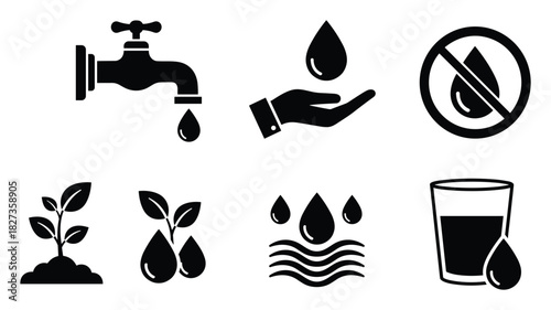 Water saving icons set. Conservation symbols with plants, tap, hand, and glass. Environment protection sign collection. Resource management.