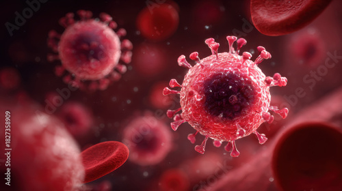 Microscopic View of Coronavirus and Red Blood Cells: Detailed 3D Render of Virus Particles and Blood Cells for Medical and Scientific Visualization, Illustrating Infection and Immune Response