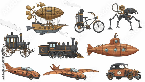 Collection of detailed handdrawn steampunk vehicles and machinery