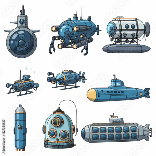 Collection of eight stylized illustrations of various submersibles and diving equipment