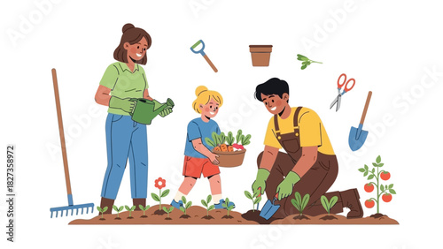 Family gardening together, planting vegetables and enjoying outdoor activities