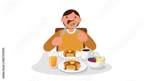 Person enjoying a breakfast of pancakes, orange juice, coffee, and fruit at a table