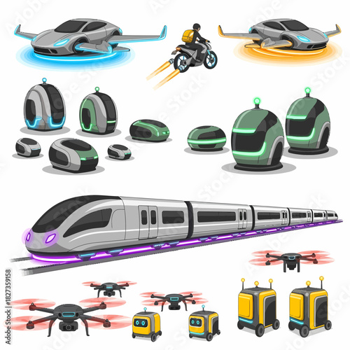 Collection of futuristic transportation vehicles including flying cars jet motorcycle train drones and delivery robots